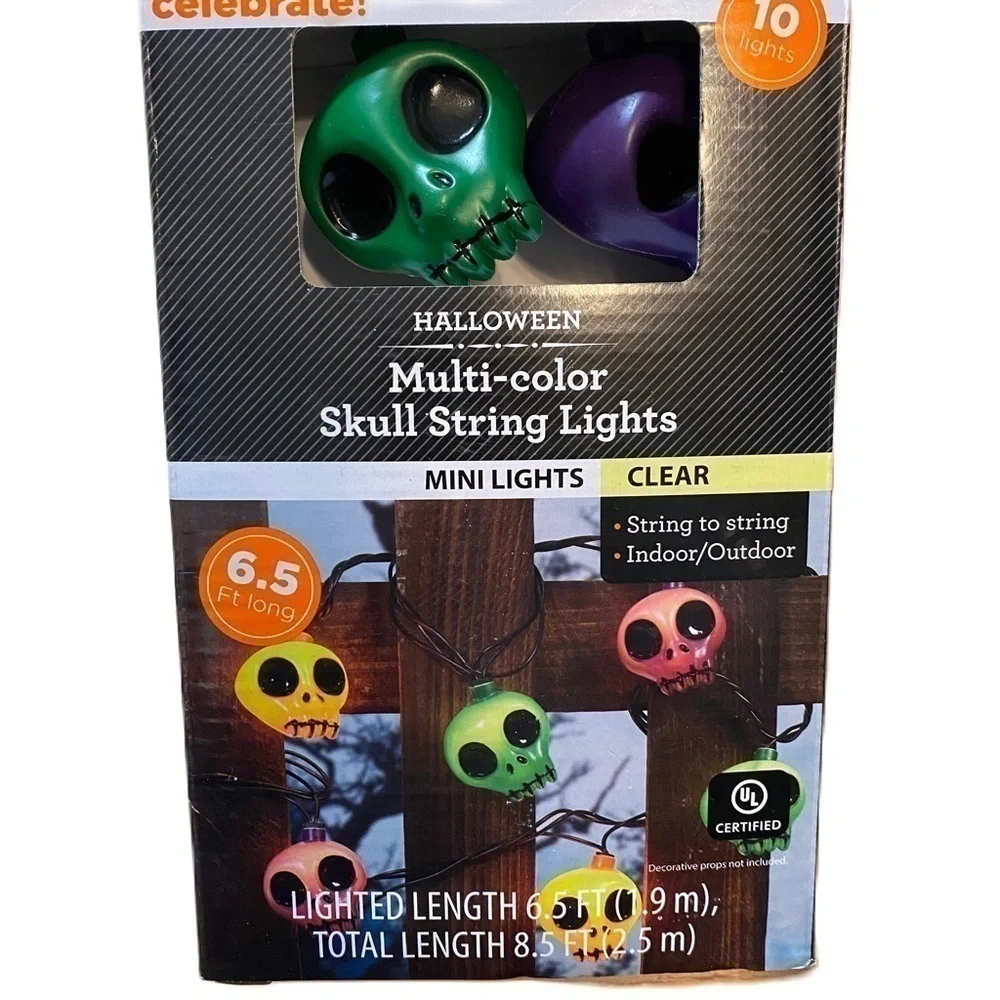 Skull String Lights NEW Halloween Decoration Multi Color Clear 8.5 ft Pink Green
